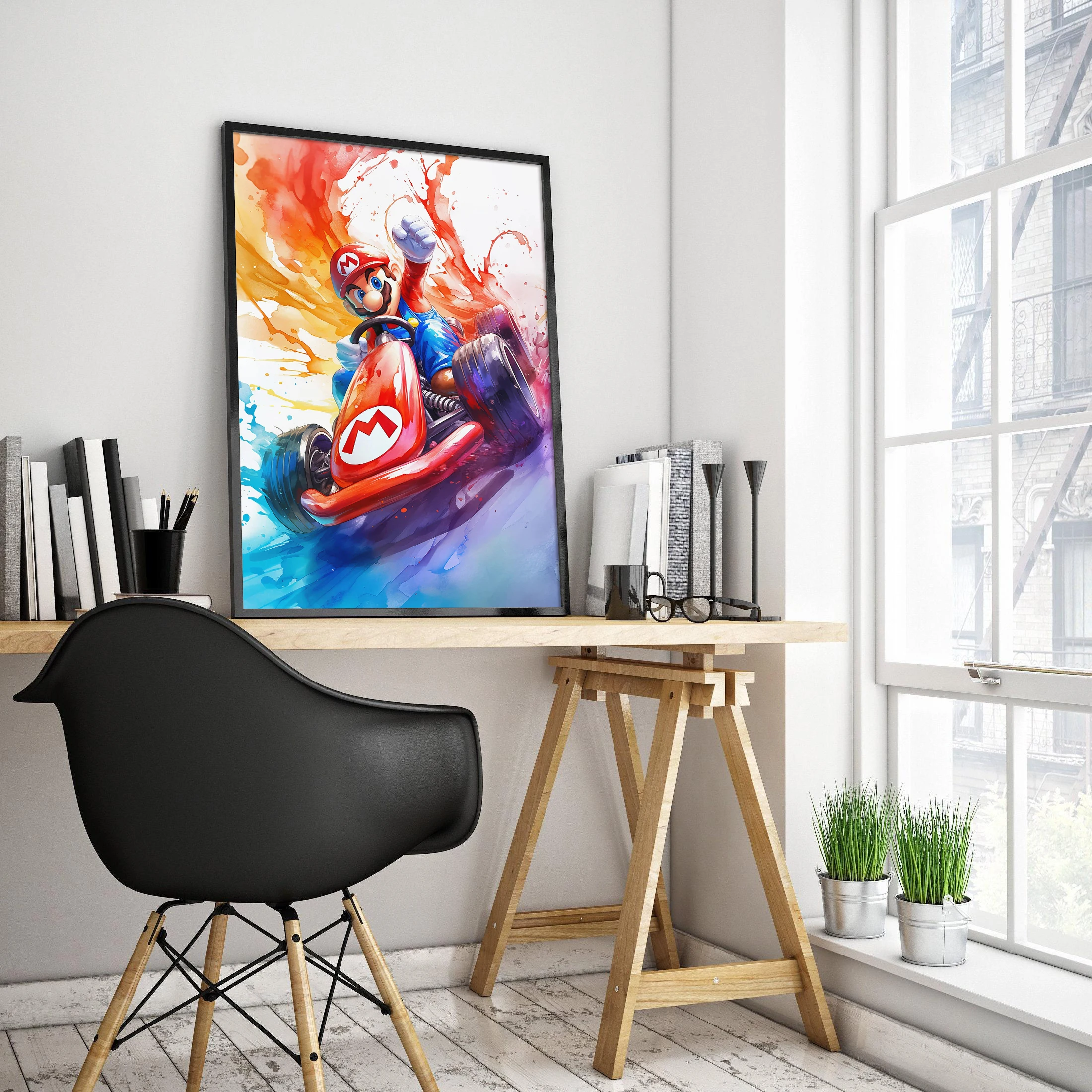 

Super Mario canvas poster, Mario Kart art print, boy's game room decoration gift, Mario watercolor print, modern home decor.