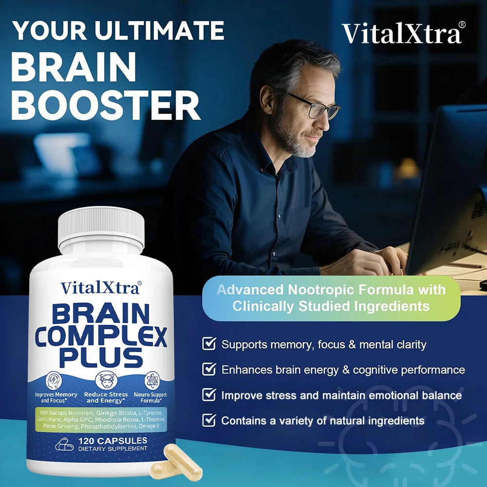 Brain Complex Capsules, Lion’s Mane, Bacopa Monnieri, Ginkgo Biloba, Enhance Memory and Concentration, Support Brain Health