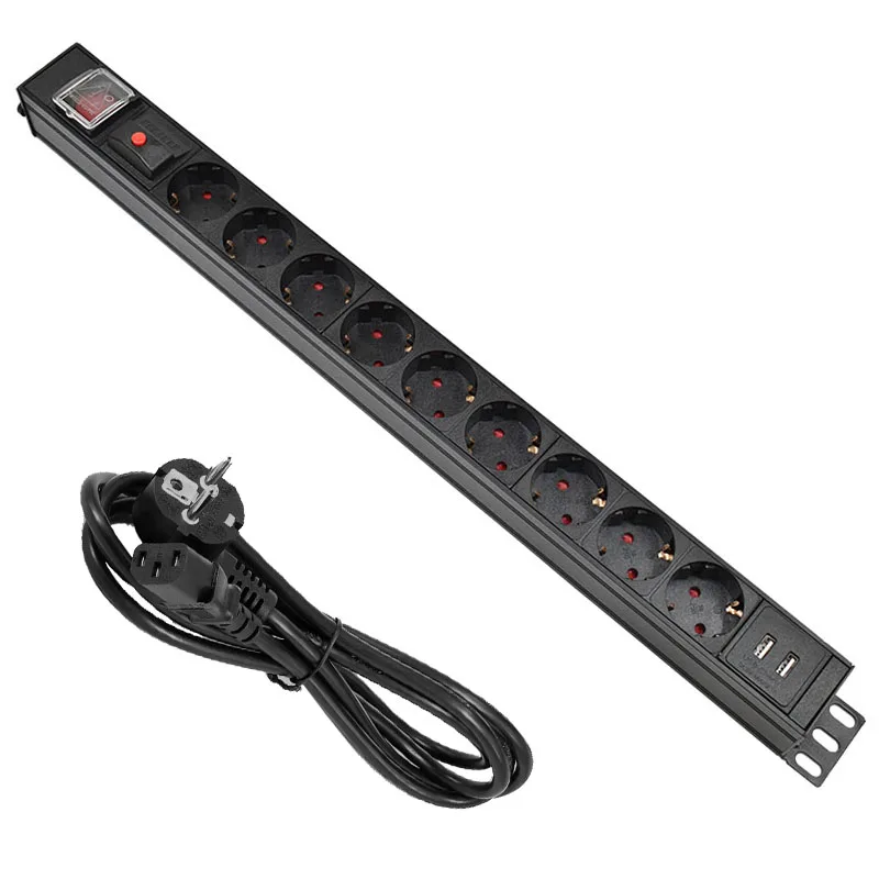 

9 Way EU Power Strip Socket PDU Power Strip Aluminum alloy with IEC-C14 Port Outlet extend with USB Overload protection