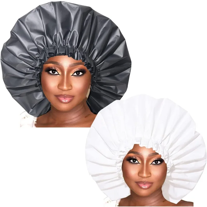 2 Packs Jumbo Shower Caps, Extra Large Waterproof Reusable Adjustable Bath Hair Caps for Women (Black and White)