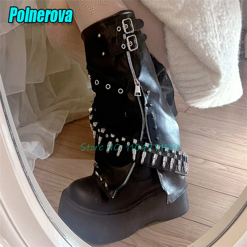 

Punk Bullet Strap Platform Long Boots Spring Autumn Round Toe Thick Bottom Knee High Boots Gothic Black Leather Women's Shoes