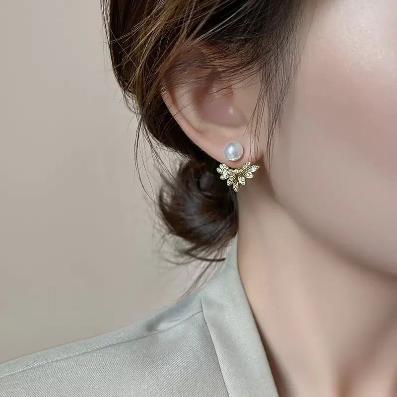 925 Silver Needle Back Hanging Crystal Petal Earrings For Women Korean Jewelry 2024 Trending New Luxury Pearl Stud Earrings Gift