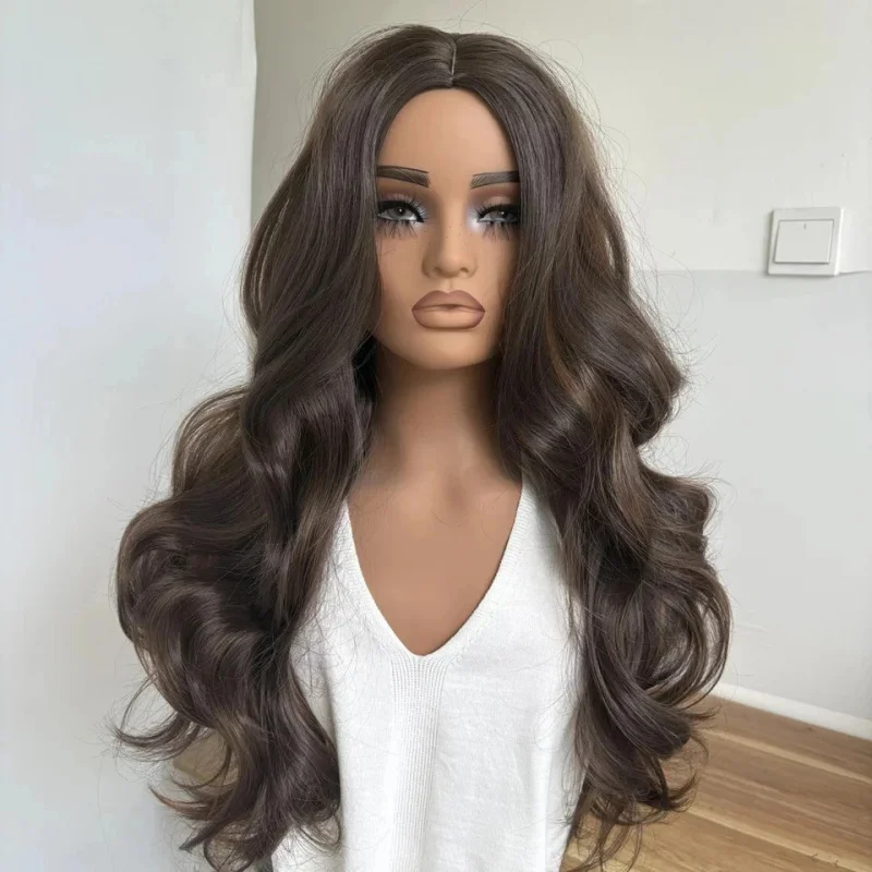 

Real Human Hair New Fashion Long Natural Dark Brown Wavy Women's Full Wigs 24 In