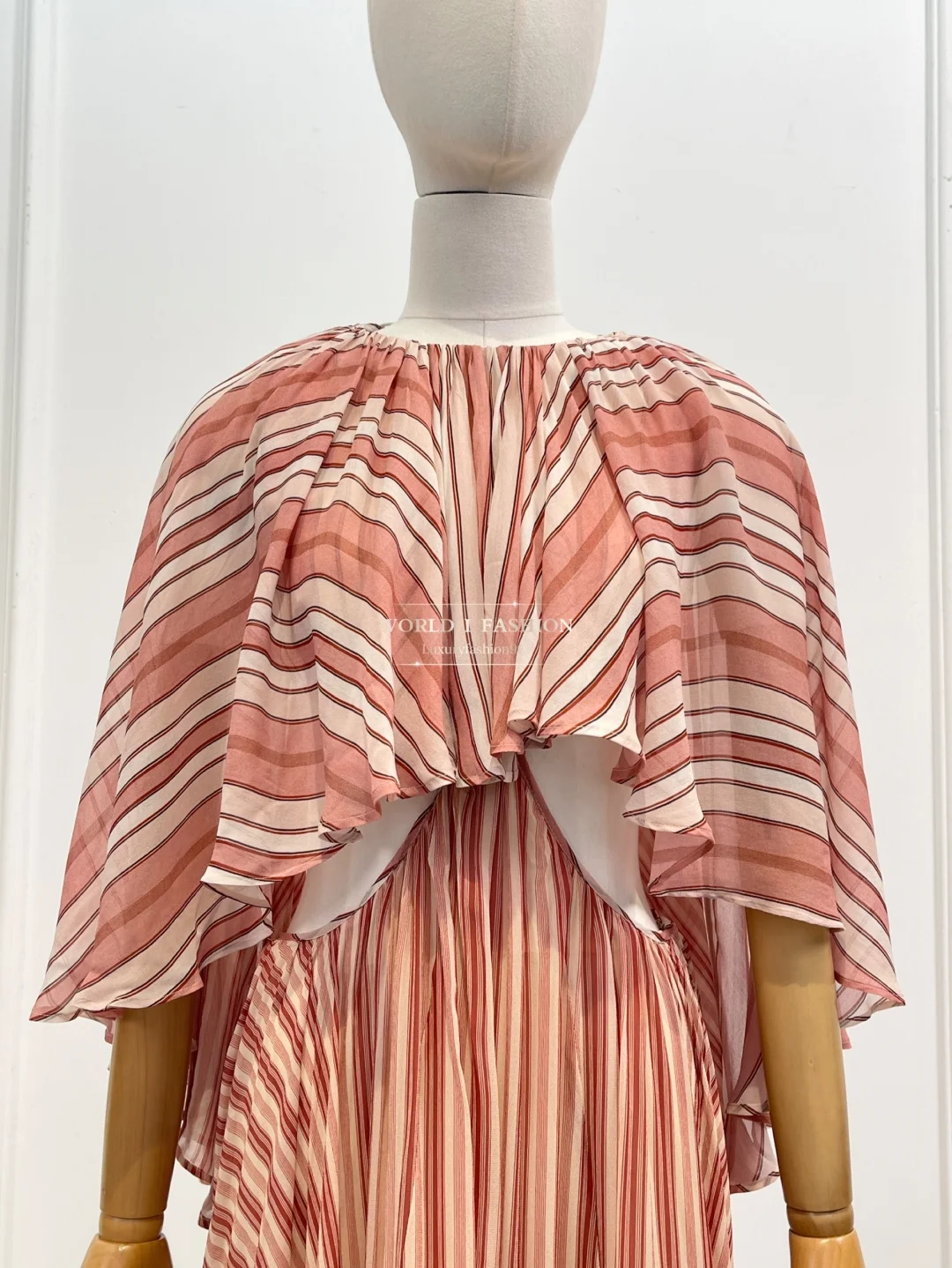 2025 elegante vermelho listrado impressão manga longa babados cintura oco ombros com corte capa estilo sobreposição sereia maxi vestido