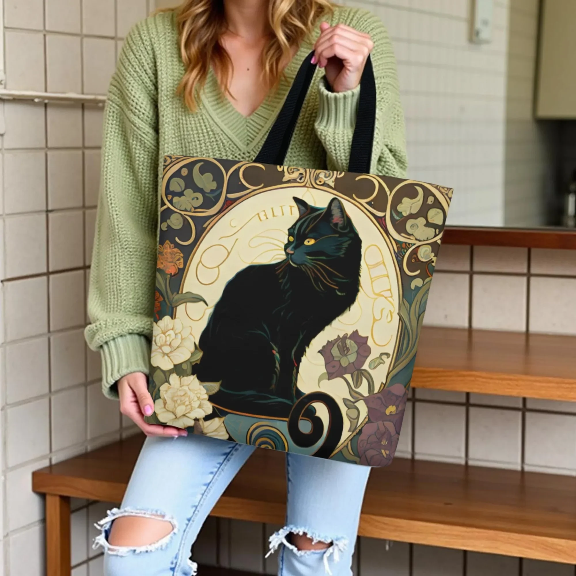 

Durable Fabric Elegant Black Cat Tote Bag Ornate Floral Print Reusable Large-capacity Shopping Bag Sophisticated Daily Gift