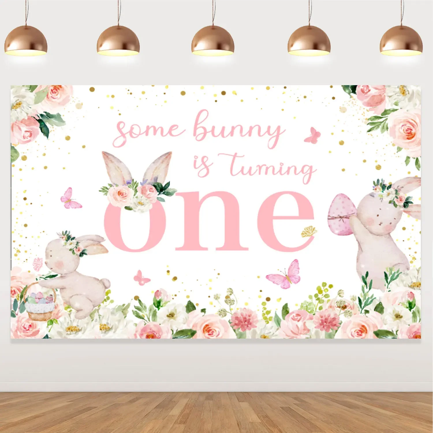 Bunny Photo Background Props for Girl, Pink, Bunny Is Turning, One Floral Backdrop, 1st Birthday Party Decorations