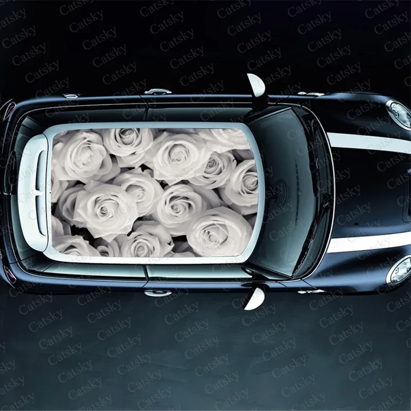 White Rose Flowers Car Roof Sticker Wrap Racing SUV Accessories Packaging Painted PVC Custom Car Graphic Decal