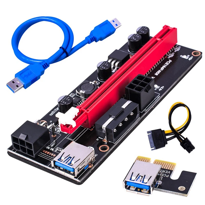 PCI-E Pcie Riser 009 Express 1X a 16X extensor PCI E USB Riser 009S tarjeta adaptadora Dual de 6 pines SATA 15 pines para minero de Bitcoin