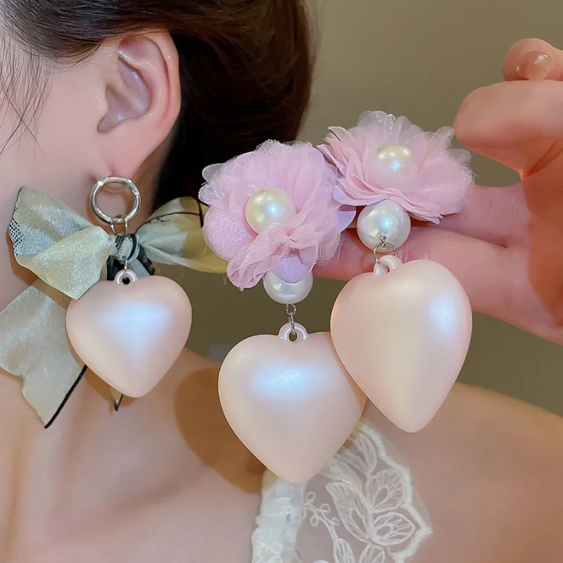 

Minar Cute Romantic Pink Green Chiffon Flower Faux Pearl Acrylic Chunky Heart Bowknot Long Drop Earrings for Women Birthday Gift