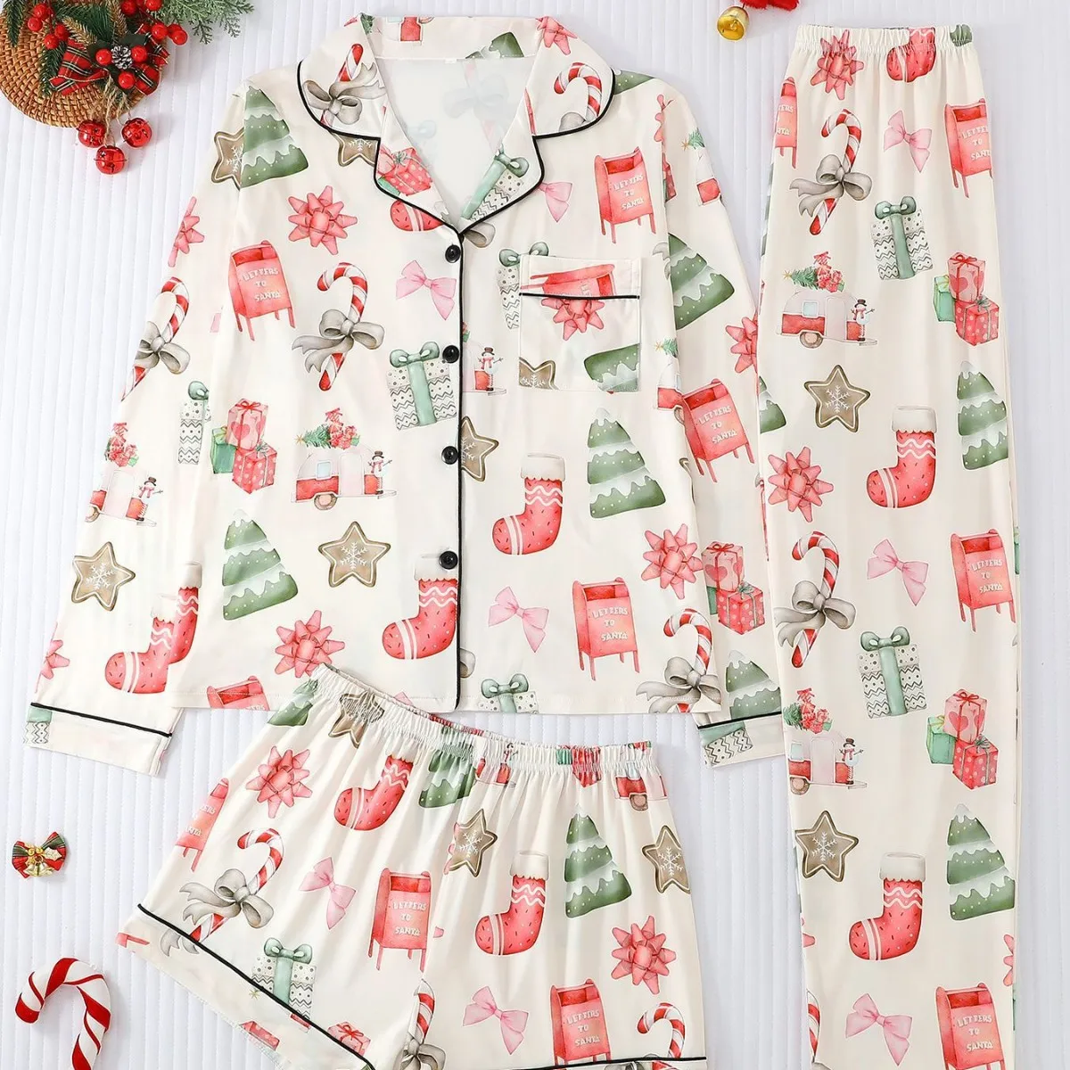 White Christmas Tree Sock Printed Pajamas Set Women Lapel Long Sleeve Top Shorts Trousers Three Piece Sleepwear Suits