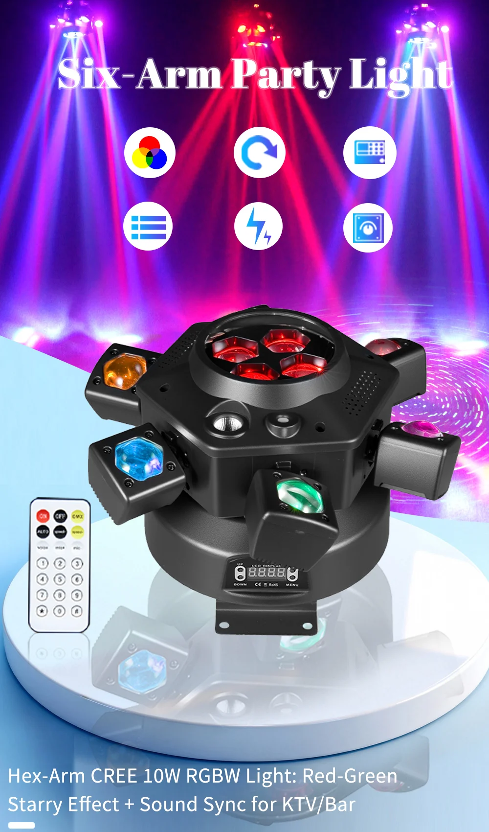 NOVALUX 160W 6-Arm Bee Eye LED Moving Head Licht RGBW Beam Strobe DMX512 Tonaktivierte Rotierende Bühnenbeleuchtung für DJ Disco Bar Party Hochzeit Nachtclub EU – Detail 1