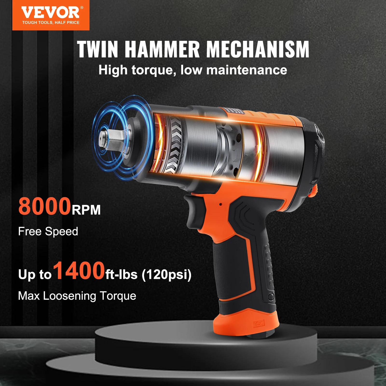 VEVOR 1/2-Inch Air Impact Wrench, High Torque Up to 1400 ft-lbs, Lightweight 4.6 lb Design Pneumatic Impact Gun w/Carrying Case