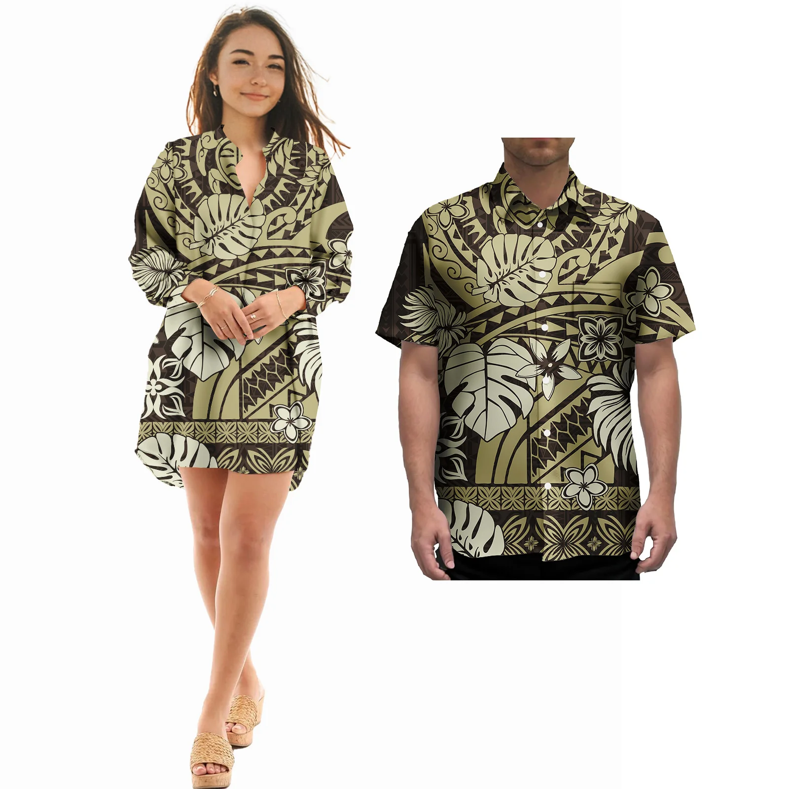 Moda patrón Retro pareja 2 uds ropa personalizada diseño Tribal polinesio Puletasi ropa Casual parejas vestido y camisas