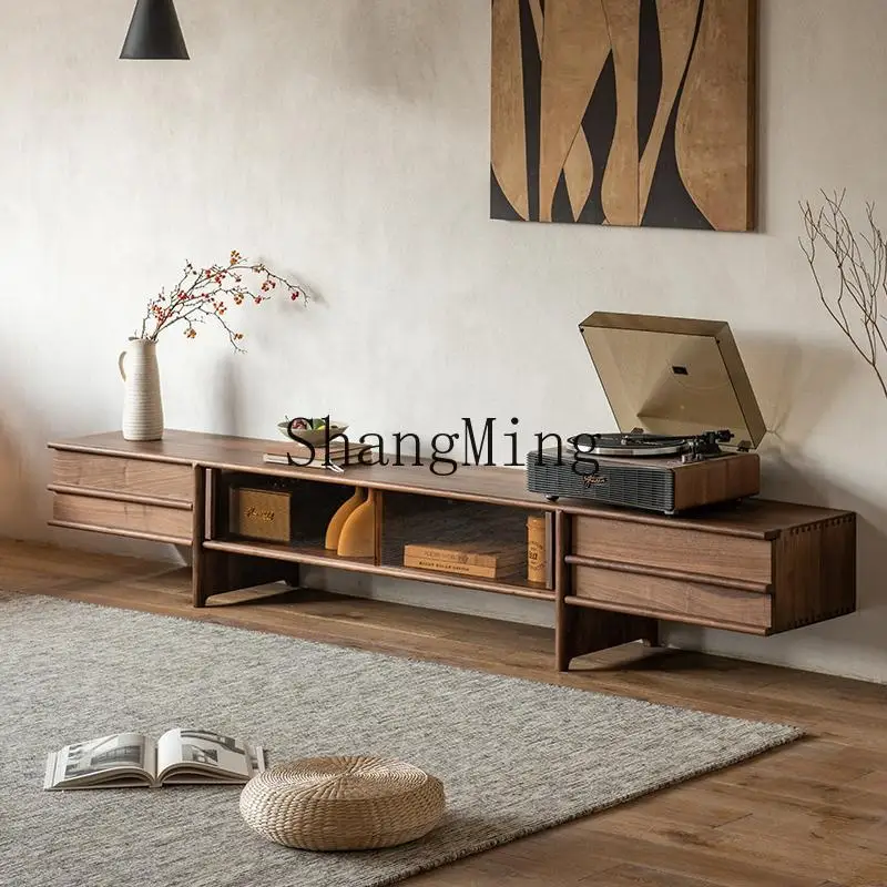 

CL Black Walnut Solid Wood TV Cabinet Vintage Glass Audiovisual Cabinet Living Room Storage Cabinet