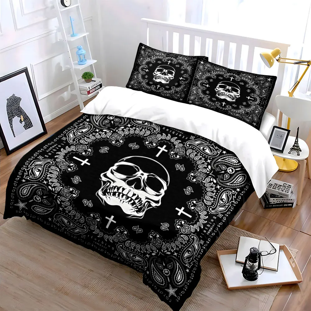 Skull Bandana Decorative Set Soft Skin-Friendly Bedding Set Includes 1 Duvet Cover And 2 Pillowcase, Gift