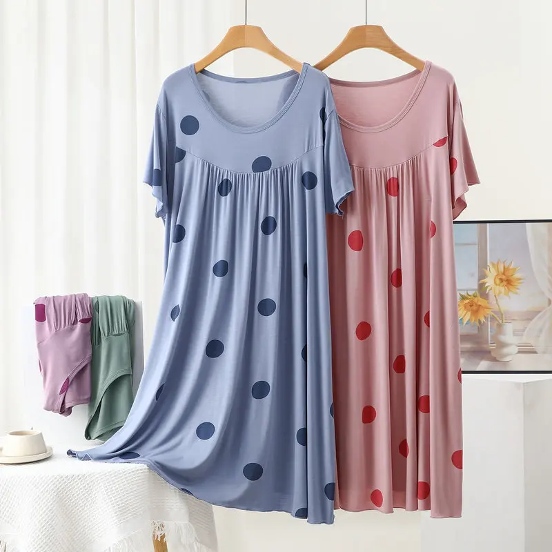 Polka dot Dress Summer Modal Loose Dresses short sleeves Plus size Pleated Sleepdress homewear clothing