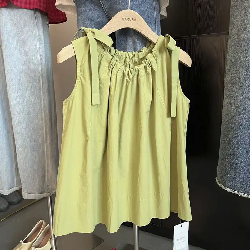 Summer New Korean O-neck Pleated Lacing Blouse Sleeveless Solid Color Loose Fashion Shirt Tops Sweet Casual Cute Women Clothing