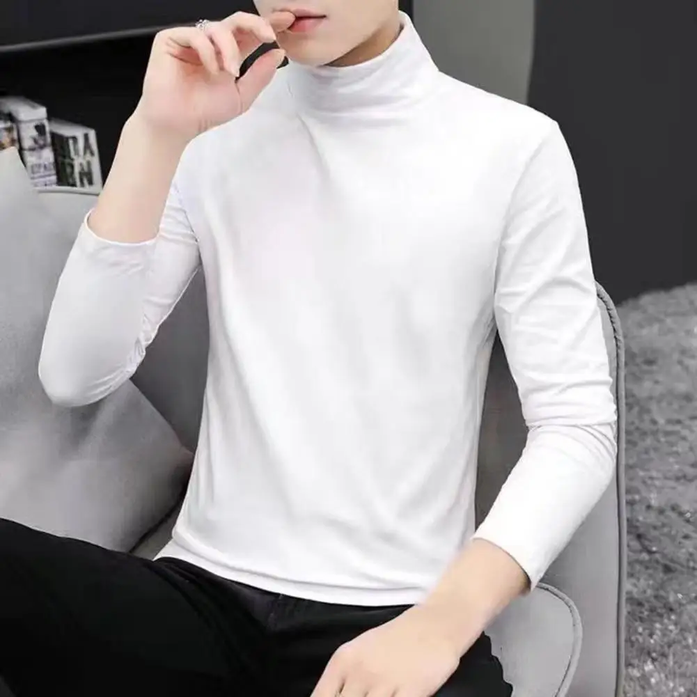 Men Bottoming Shirt Solid Color Turtleneck Pullover Thermal Top Autumn Winter Loose Fleece Lined Base T-shirt For Outdoor