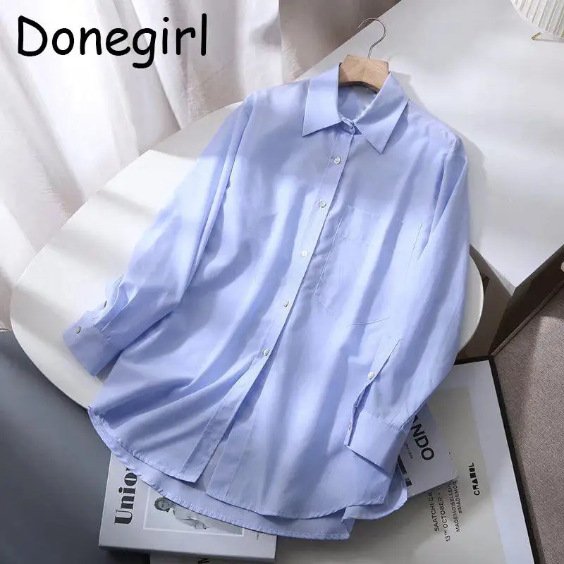 Donegirl 2023 Vrouwen Nieuwe Lente Herfst Lange Mouw Zak Krijtstreep Los Shirt Casual Eenvoudige Woon-Werkblouses Dames Tops Chic