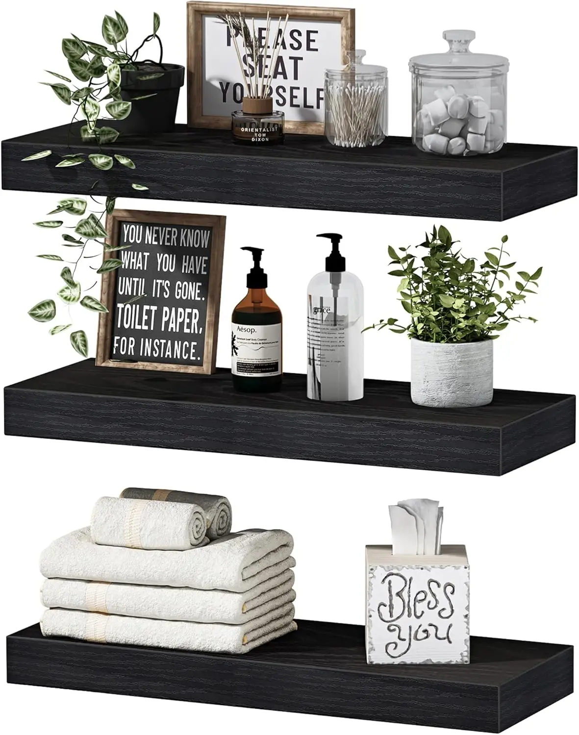 

Floating Shelves Set of 3, Black Wall Mounted for Bathroom Bedroom Kitchen Living Room Decor, 16 Inch