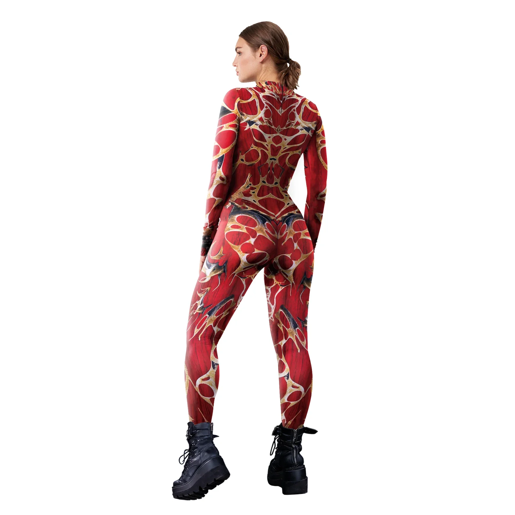 

OA Women Carnival Purim Costume Cosplay Jumpsuits Funny Red Punk Print Suit Female Spandex Holiday Party Clothes Slim Suit