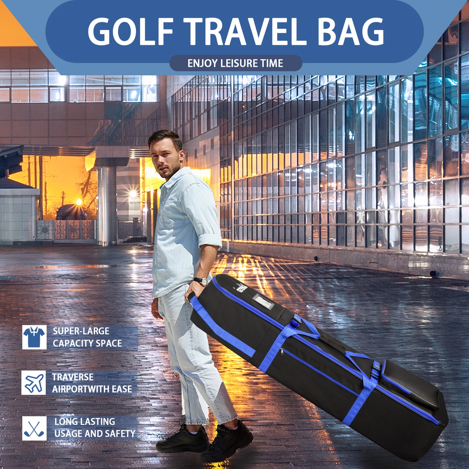 حقيبة سفر الجولف المميزة من Kaiersn مع سحابات شديدة التحمل وعجلات كبيرة وحقيبة طيران جولف قابلة للطي للنقل المريح