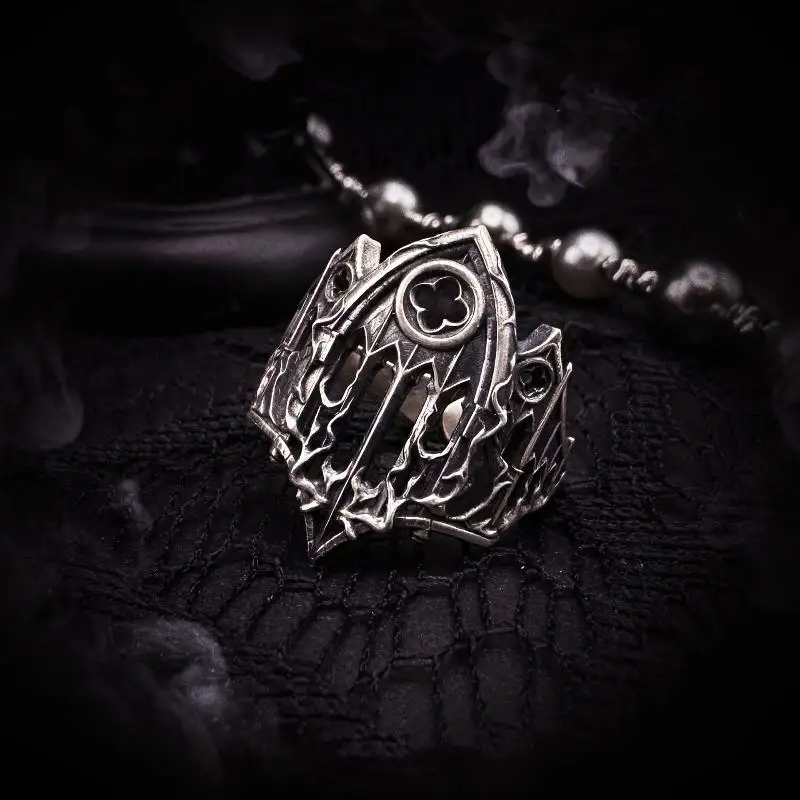 Eccentric Adjustable Open Alloy Ring with Cathedral Gothic Relief Window and Cross Burning Design, Ideal Daily Wear Jewelry