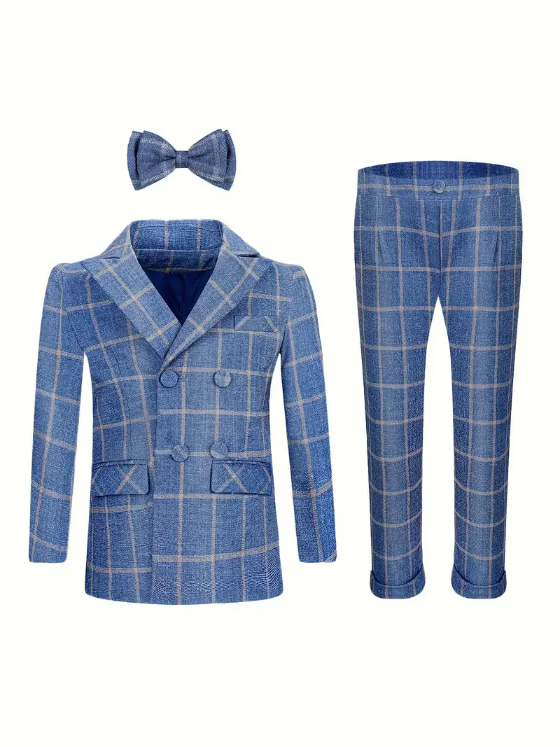 1-11Years Boys Formal Plaid 3Pieces/Set Jacket Pants Bowtie Wedding Birthday Suit School Kids Host Piano Performance Costume