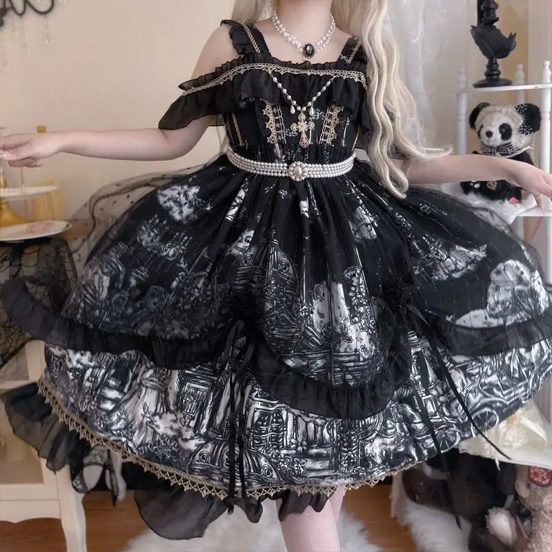 

Japan Lolita Jsk Dress Women Gothic Retro Suspender Printing Dark Funeral Princess Dresses Sweet Girl Tea Party Dress