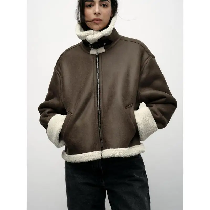 Jaqueta Curta de Couro com Gola Retro e Manga Longa para Mulheres, Nova Chegada de Outono Inverno, Material Inteado, Gola P...