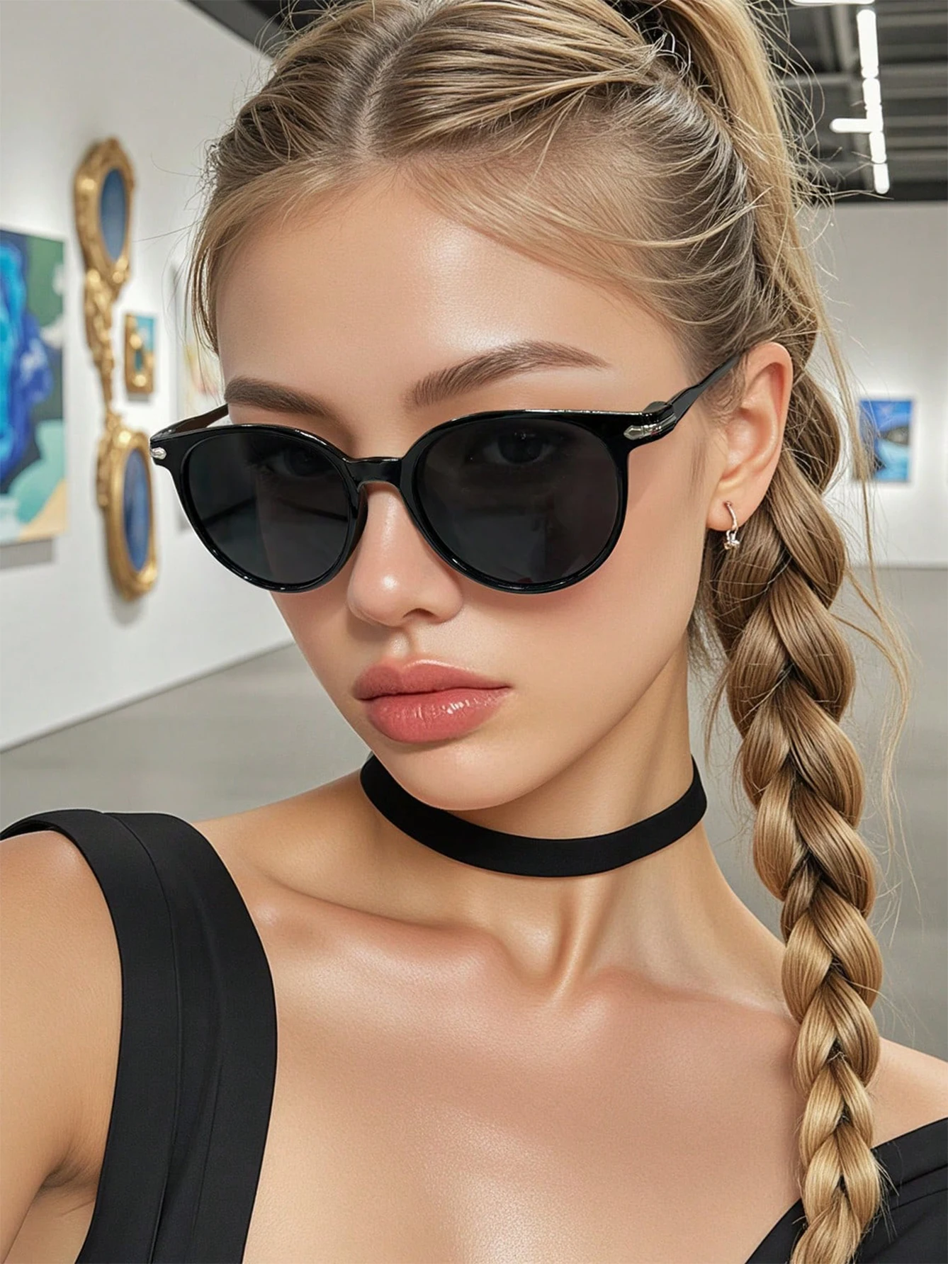 

Black retro round all-match minimalist style unisex sunglasses, suitable for photography and UV protection.