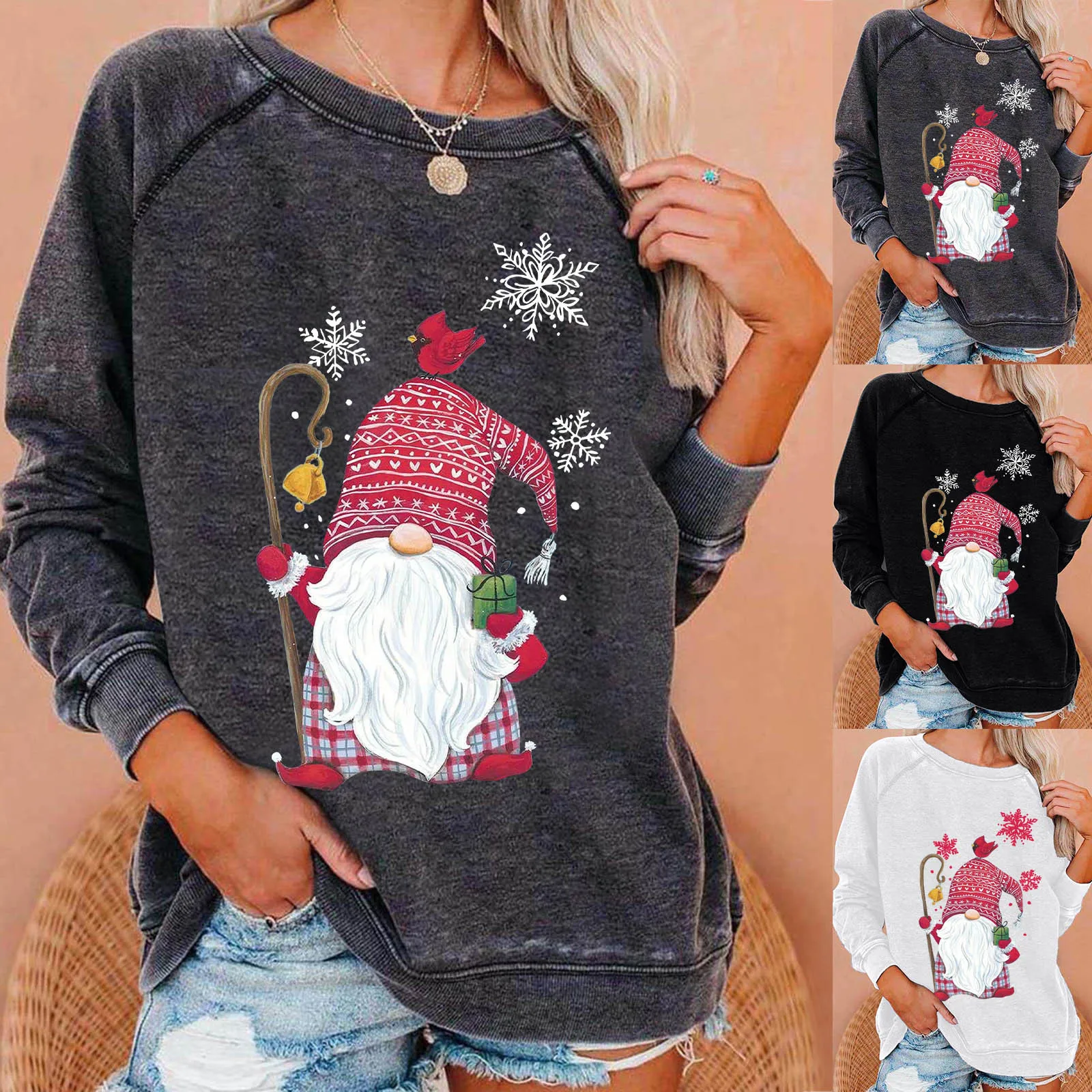 سانتا كلوز المرأة البلوز عادية سليم صالح كم طويل س الرقبة طباعة هوديي ندفة الثلج عيد الميلاد سترة البلوز القمصان #5