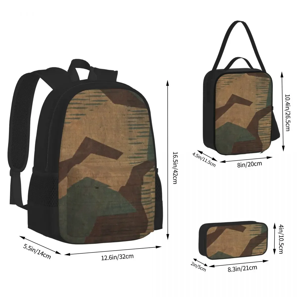 

Splintertarn German Ww2 Camouflage (Version 2) Backpacks Boy Girl Bookbag School Bag Rucksack Lunch Bag Pen Bag Three-Piece Set