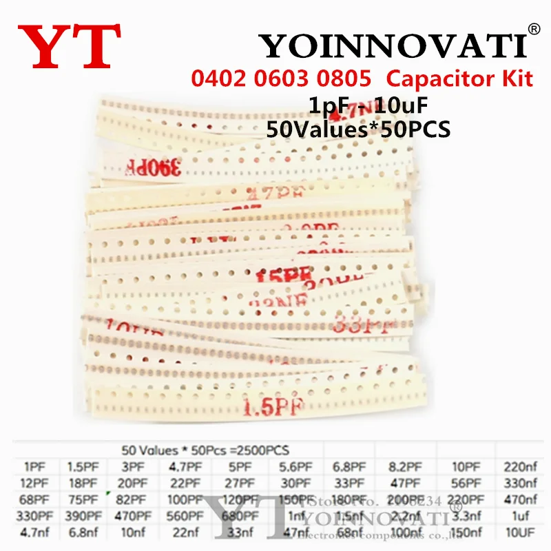 2500Pcs 0402 0603 0805 SMD Ceramic Capacitor Assorted Kit 50Values 1PF - 10UF 100PF 10NF 100NF 0.47UF 1UF