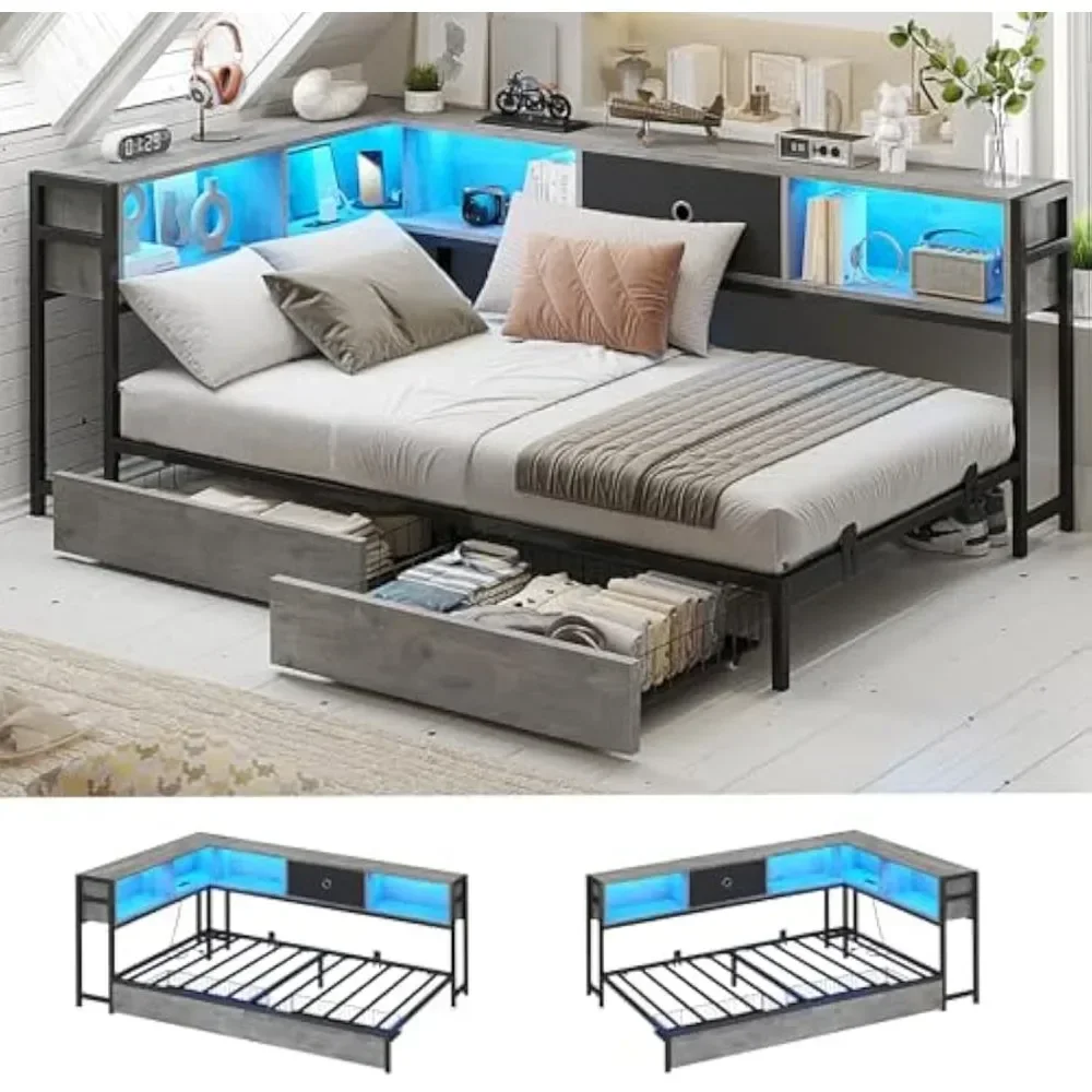 Corner Bed Frame with Bookcase and 2 Underbed Storage Drawers, Modern Twin Bed with LED Light and Charging Station