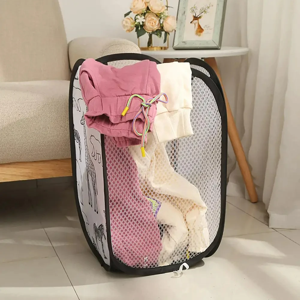 Cartoon Foldable Dirty Clothes Basket Three sided Grid Dirty Clothes Basket Breathable Dirty Clothes Storage Basket image 3