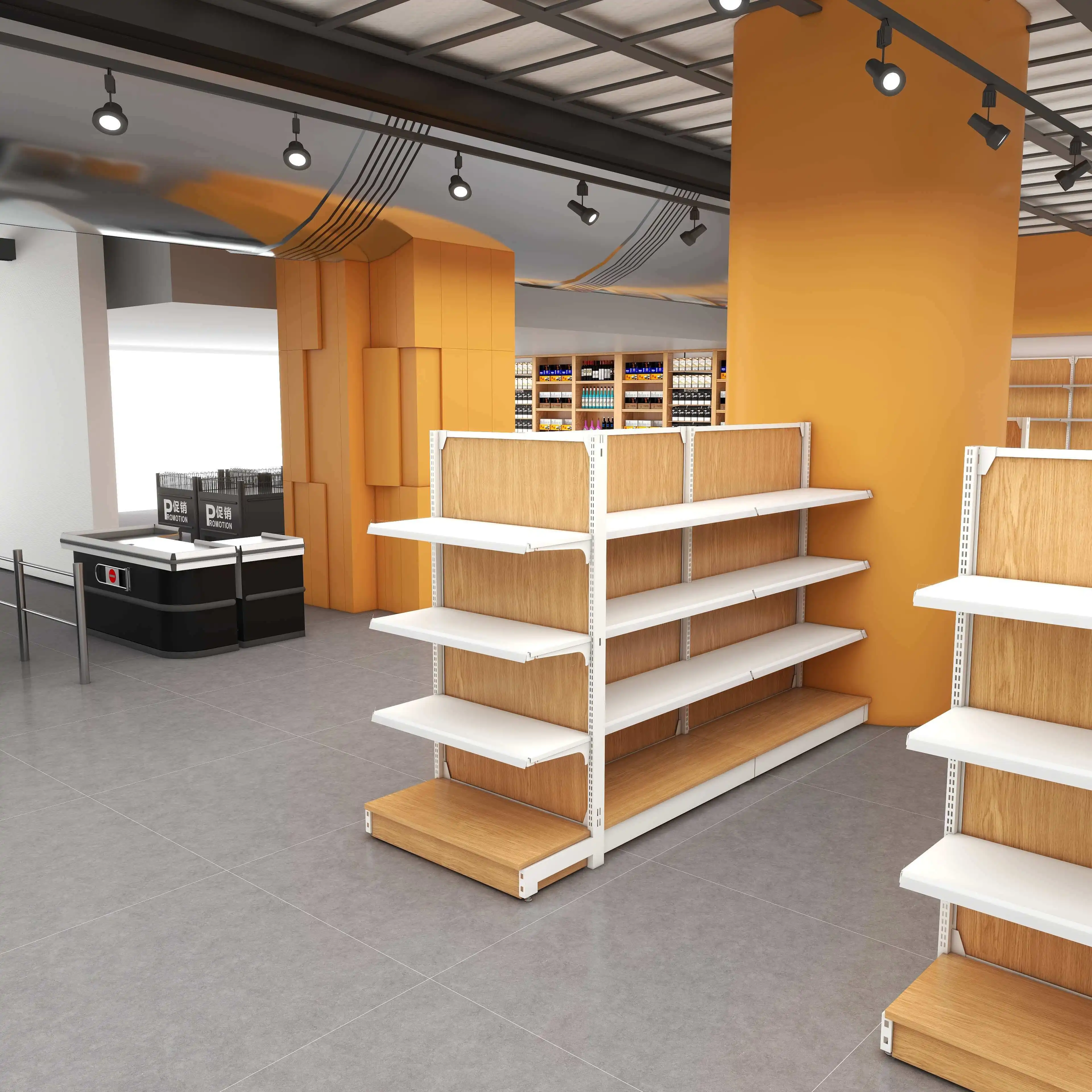 Double-Sided Steel and Wood Shelves for Store Display Light Duty Shelving Racks for Department Stores Supermarkets Custom