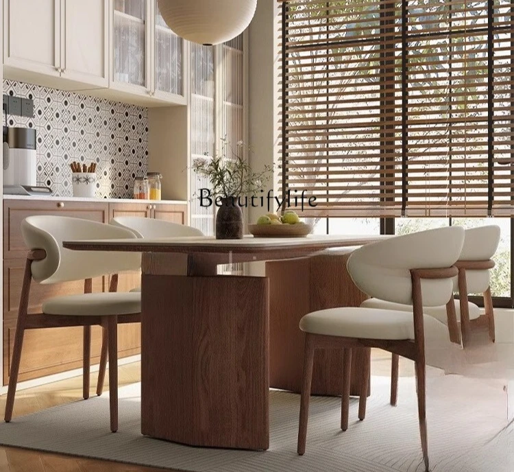 

Retro dining table imported travertine rock slab black rectangular designer solid wood