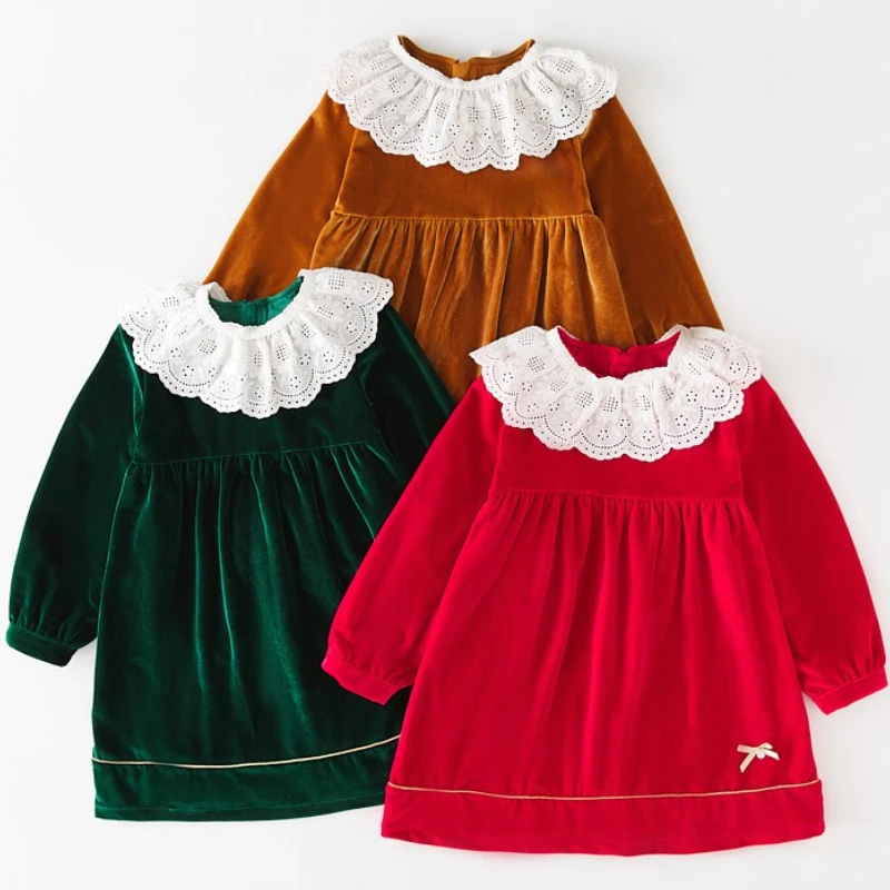 

Girls Birthday Party Dress Elegant Bow Lace Collar Gown for Kids New Year Christmas Costume Toddler Piano Performance Dresses