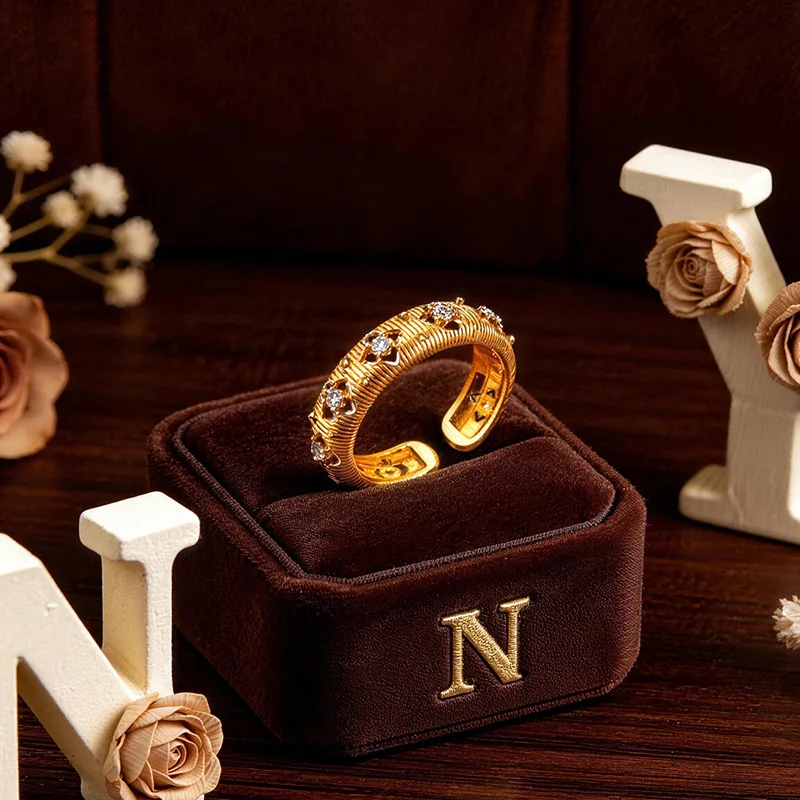 

Light luxury 9999 24K real gold brushed diamond open ring female palace style retro ring gift for girlfriend