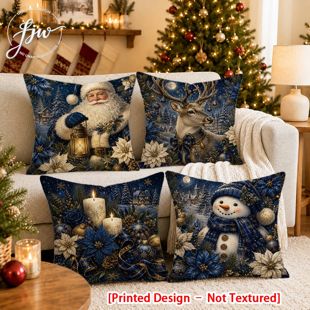 [Printed Design – Not Textured]-4pcs Christmas Vintage Throw Pillow Covers Home Decor New Year party decoration cushion Cover