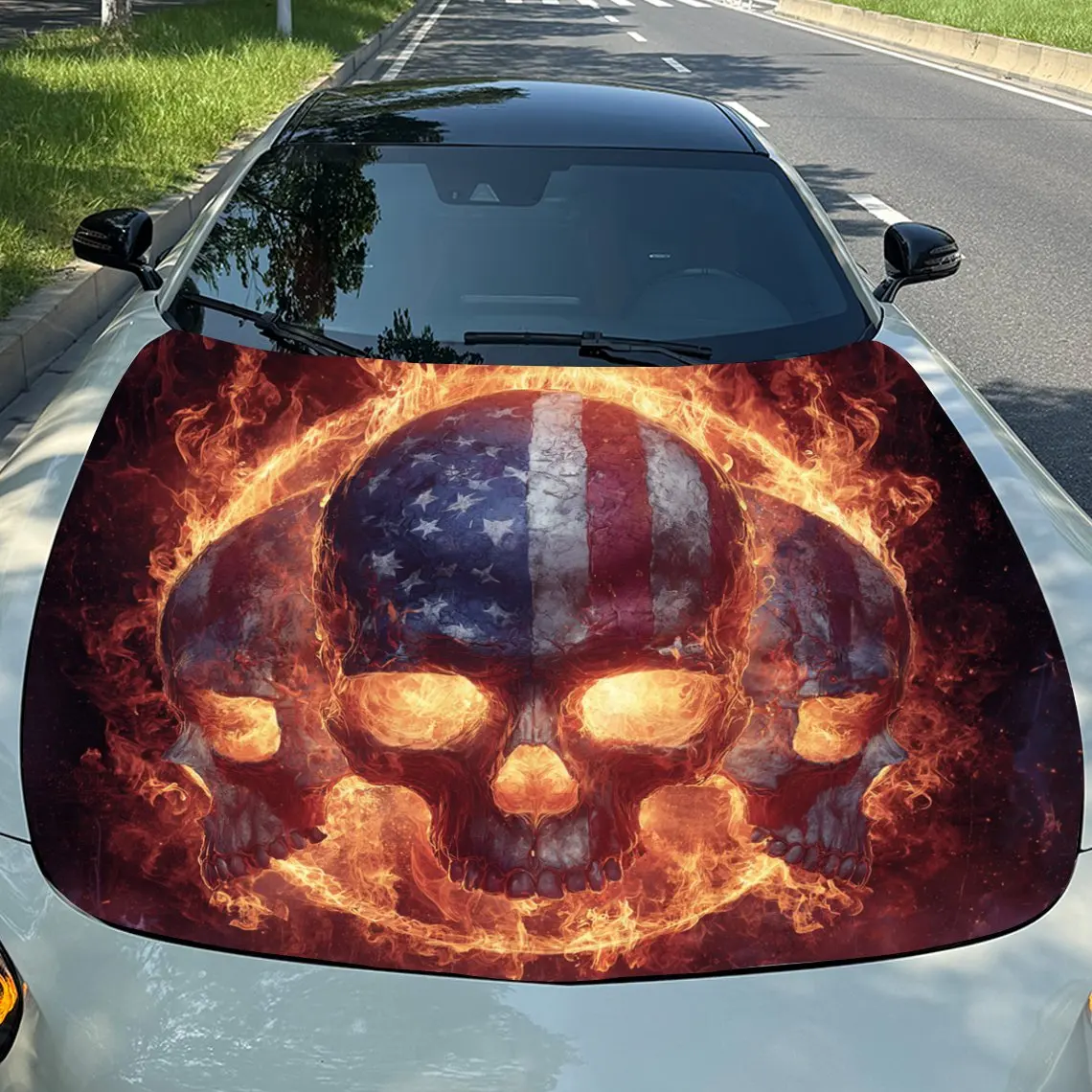 

The Burning American Flag Skull Car Hood Stickers, Suitable For SUV And Truck Covers - Waterproof And Durable Vinyl Stickers, Hi