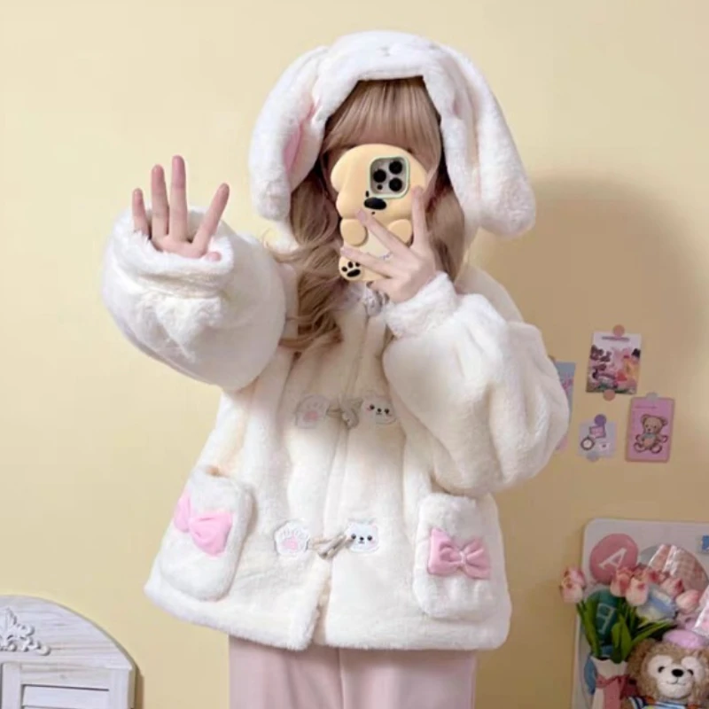 Winter Kawaii Warm Plush Coat Sweet Faux Fur Women Bow Bunny Ears Hooded Outwear Jacket Female Korean Style Cute Lolita Overcoat