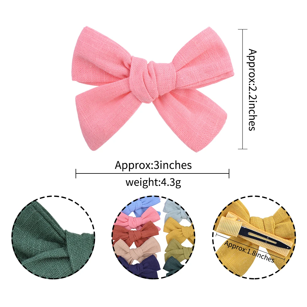 2Pcs/Set 3Inches Cotton Linen Solid Color Bowknot Hair Clip for Kids Girls Handmade Boutique Hair Bows Headwear Hair Accessories