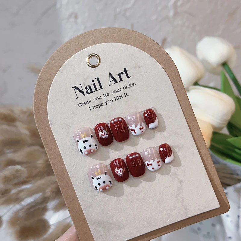 

10Pcs Cow Love Handmade Nails Cute Cartoon Hand Painted Love Pearl False Nail for Women&Girl Short Detachable Wearable Nail Art
