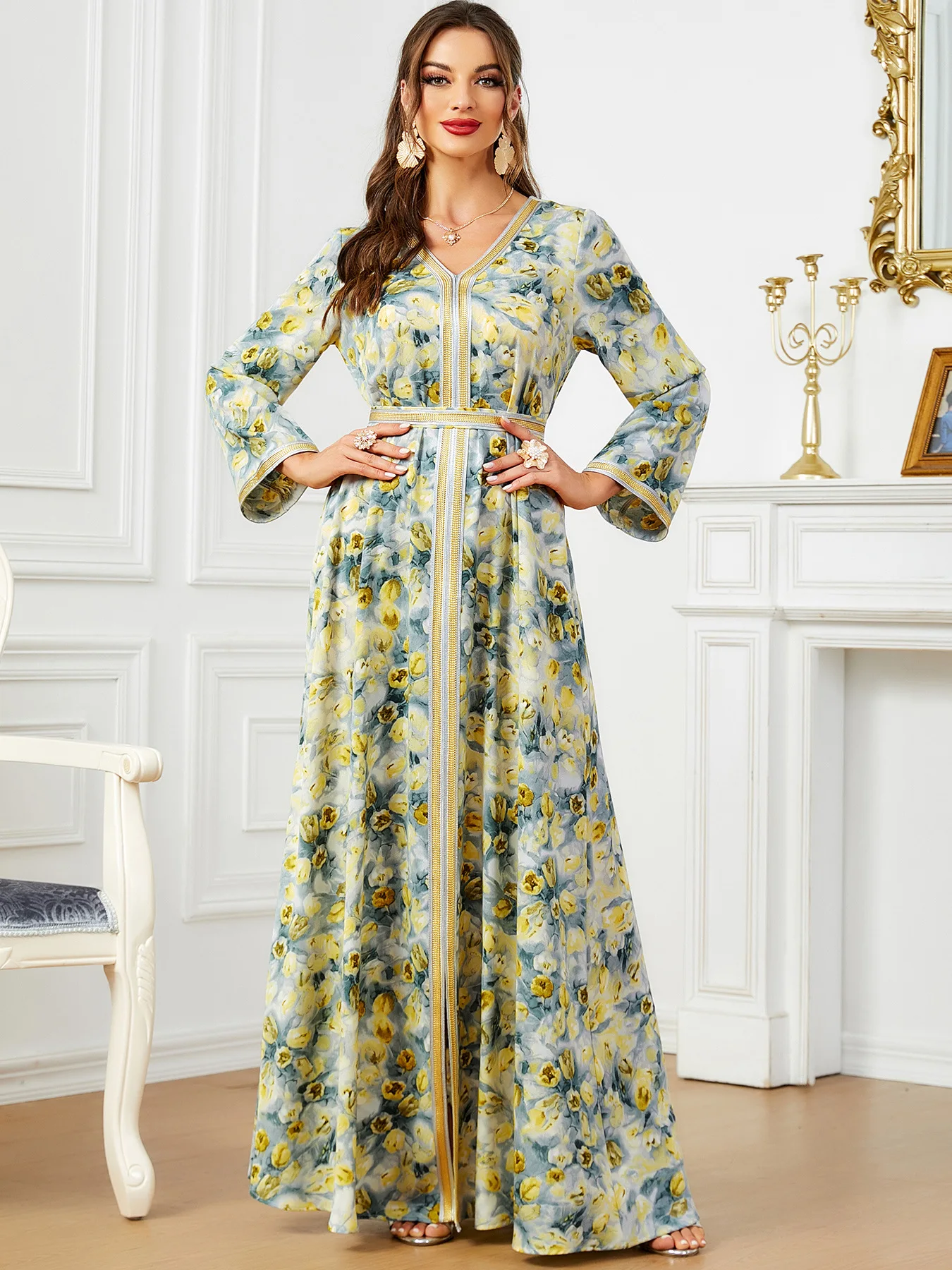 

Fashion Floral Print Abaya Dubai Maxi Dress Long Sleeve V-Neck Belted Islamic Clothing Moroccan Kaftan For Women Jalabiya Party