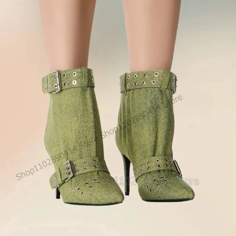 

Green Canvas Metal Rivets Buckle Decor Boots Ankle Buckle Strap Women Shoes Thin High Heels Pointed Toe 2025 Zapatos Para Mujere