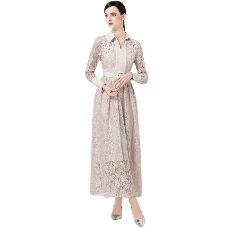 فستان أنيق بياقة بولو وأكمام طويلة وخصر مرتفع مع حزام، تصميم فرنسي ضيق من الدانتيل المحبوك البوليستر على شكل حرف A للنساء