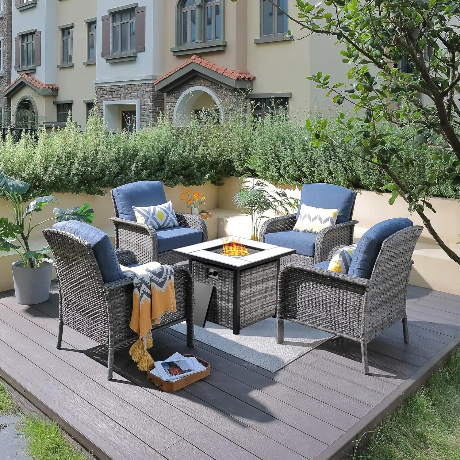 

4 Pieces Patio Furniture Set with 30" Fire Pit Table Outdoor Wicker Chairs of 4 All Weather High Back Rattan Chairs 4-Seater wit