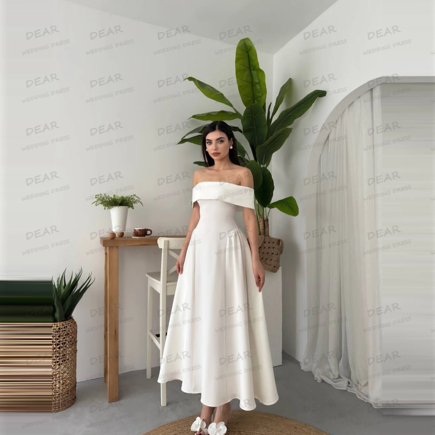 

Simple Off Shoulder Women's Wedding Dresses A Line Sexy Sleeveless Satin Tea-Length Bride Gowns Vestidos De Novia Customized